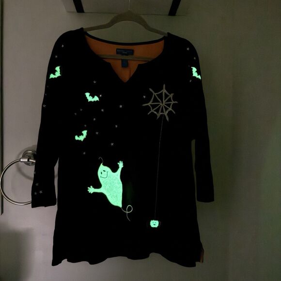 Vtg Glow In The Dark Halloween Top Large Ghost Spider Bat Spooky Grandma Kitschy - Picture 1 of 15